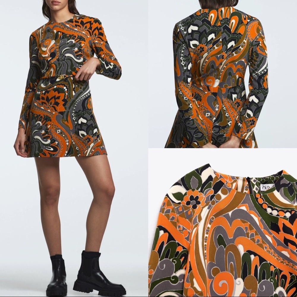 Zara Psychedelic 70s Paisley Retro Print Long Sleeve Flare Hem Dress